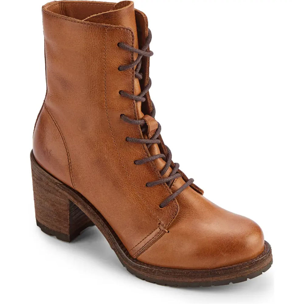 Introducing the Frye Karen Combat Caramel - Women&#39;s, a single buttery leather lace-up ankle boot featuring a chunky heel, textured sole, and traction rubber insets for slip-free stepping.