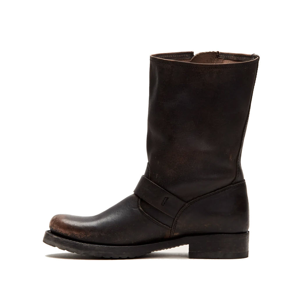 A single black distressed Frye Veronica Short boot for women, crafted from Italian leather with a mid-calf height and a strap across the ankle, photographed from the side against a white background.