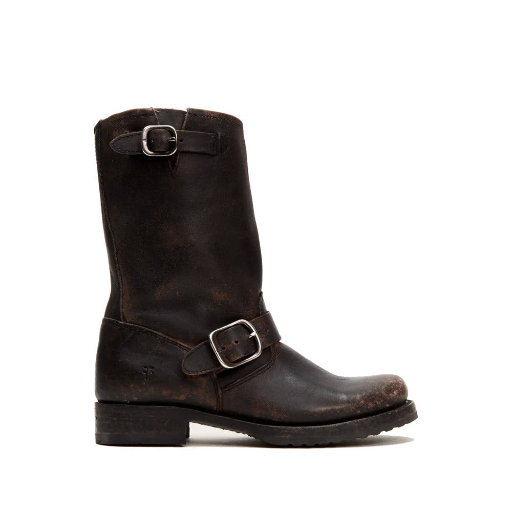 A FRYE VERONICA SHORT BLACK DISTRESSED boot for women in mid-calf height, crafted from Italian leather with two silver buckles—one positioned near the top and another at the ankle—against a white background.