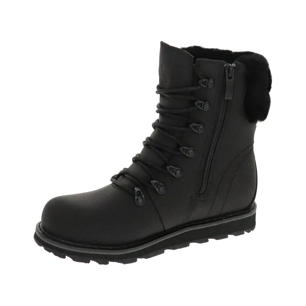 The Royal Canadian Cambridge All Black Women&#39;s boot by Royal Canadian is a black lace-up winter boot featuring a side zipper, plush shearling collar, and a thick treaded sole for added traction.