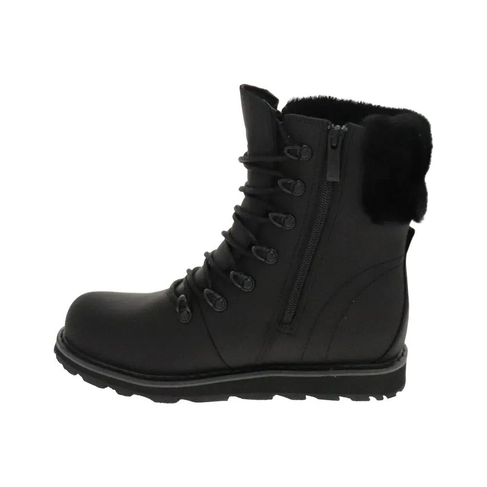 Introducing the ROYAL CANADIAN CAMBRIDGE ALL BLACK - WOMENS by Royal Canadian: a black, lace-up winter boot with a convenient side zipper and luxurious faux fur trim. It features a rugged sole perfect for winter conditions and is crafted from high-quality waterproof leather.