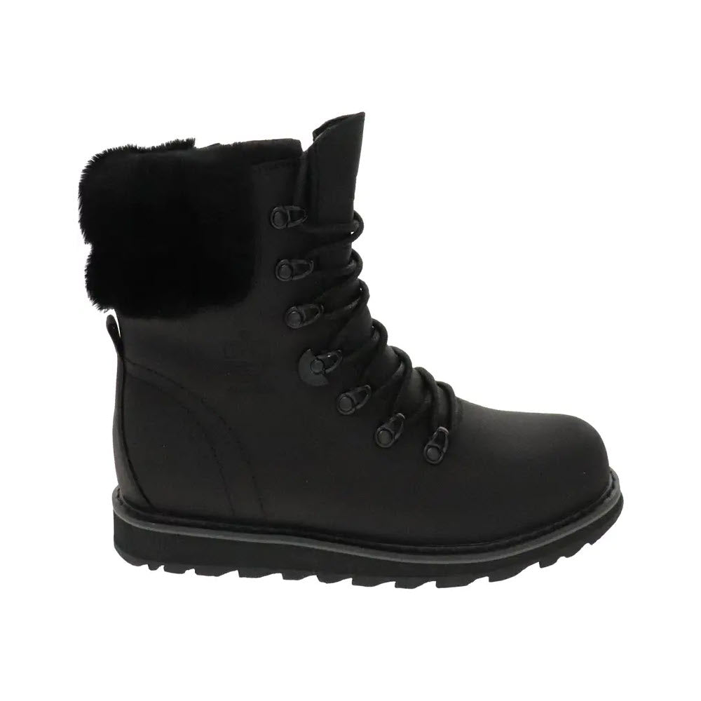 The ROYAL CANADIAN CAMBRIDGE ALL BLACK - WOMENS boot by Royal Canadian is crafted from waterproof leather and includes six eyelets, black laces, and a plush shearling collar. This boot also features a rugged sole designed for excellent traction.