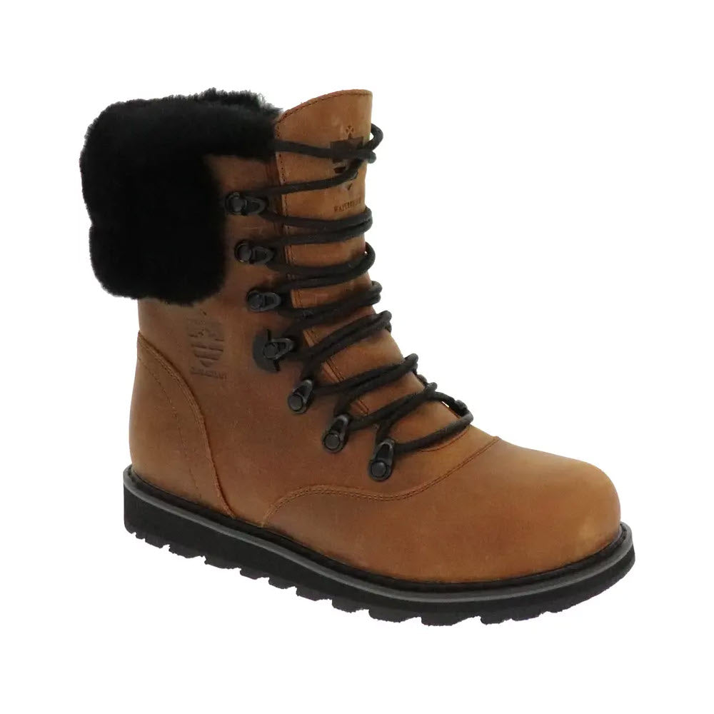 Image of a Royal Canadian Cambridge Cognac women&#39;s winter boot featuring a shearling collar and black laces. This brown boot is crafted from waterproof leather and includes a rugged sole designed for durability and traction.