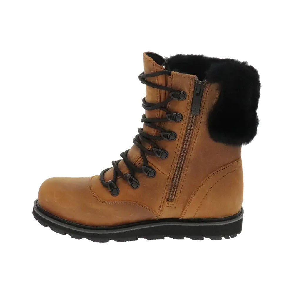 The ROYAL CANADIAN CAMBRIDGE COGNAC - WOMENS boot by Royal Canadian in brown leather features black laces, a side zipper, and a shearling collar trim at the top, as seen from the side.