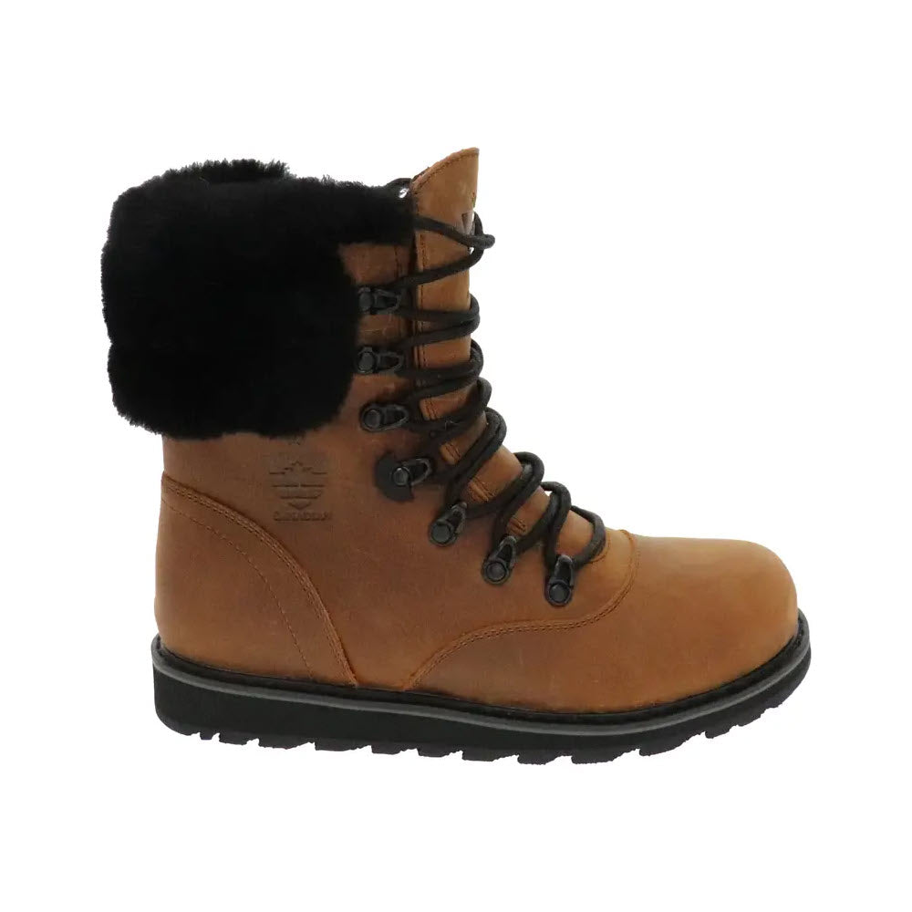 The Royal Canadian Cambridge Cognac Women&#39;s winter boot, crafted from waterproof brown leather with a shearling collar, black laces, and a rugged black rubber sole, is viewed from the side against a white background.