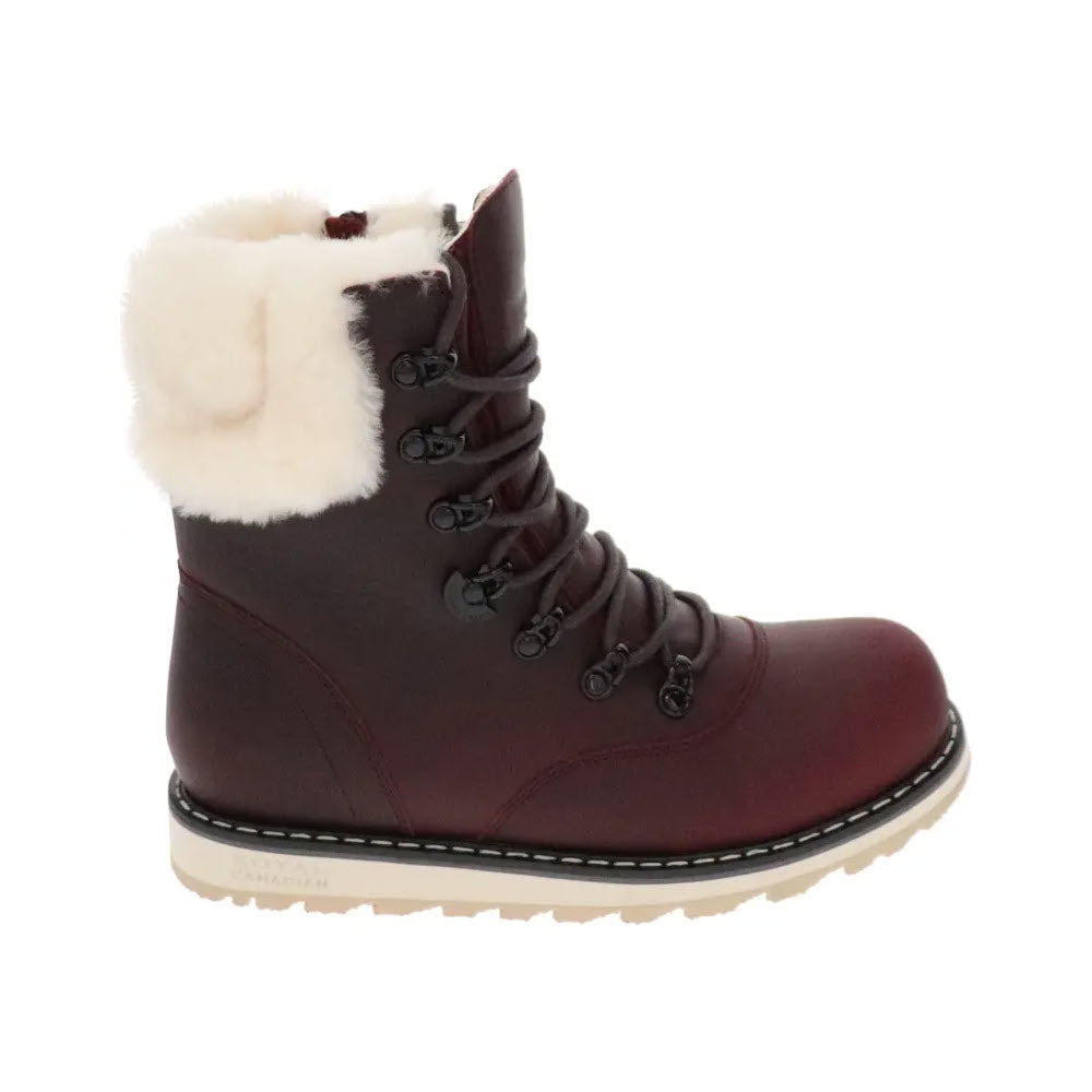 The ROYAL CANADIAN CAMBRIDGE BURGUNDY - WOMENS by Royal Canadian is a burgundy winter boot with white fleece lining, black eyelets, and black laces. Crafted from waterproof leather, the boot features a white sole with black stitching detail and memory foam for enhanced comfort.