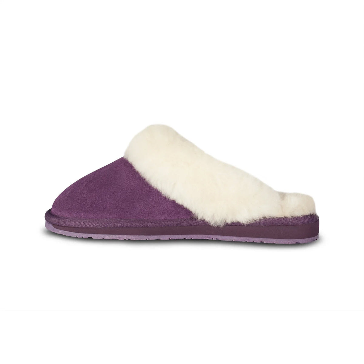 A pair of Cloud Nine Ladies Scuff Purple slippers for women, inspired by the Cloud Nine Sunrise Scuff design, featuring a flat sole and crafted for ultimate comfort with white faux fur lining, viewed in side profile against a white background.