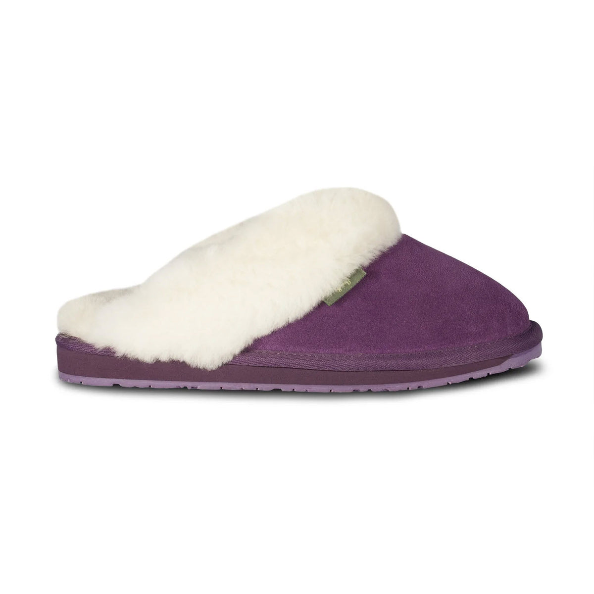 A single Cloud Nine Ladies Scuff slipper in purple, featuring a white fluffy interior, flat sole, and the comfort of sheepskin.