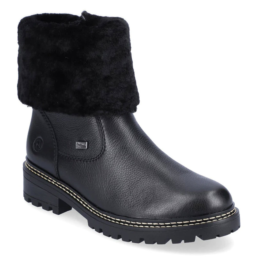 The REMONTE WOOL CUFF FOLD DOWN BOOTIE BLACK for women by Remonte features a textured leather upper, fur cuff, lug sole, and white stitching detail.