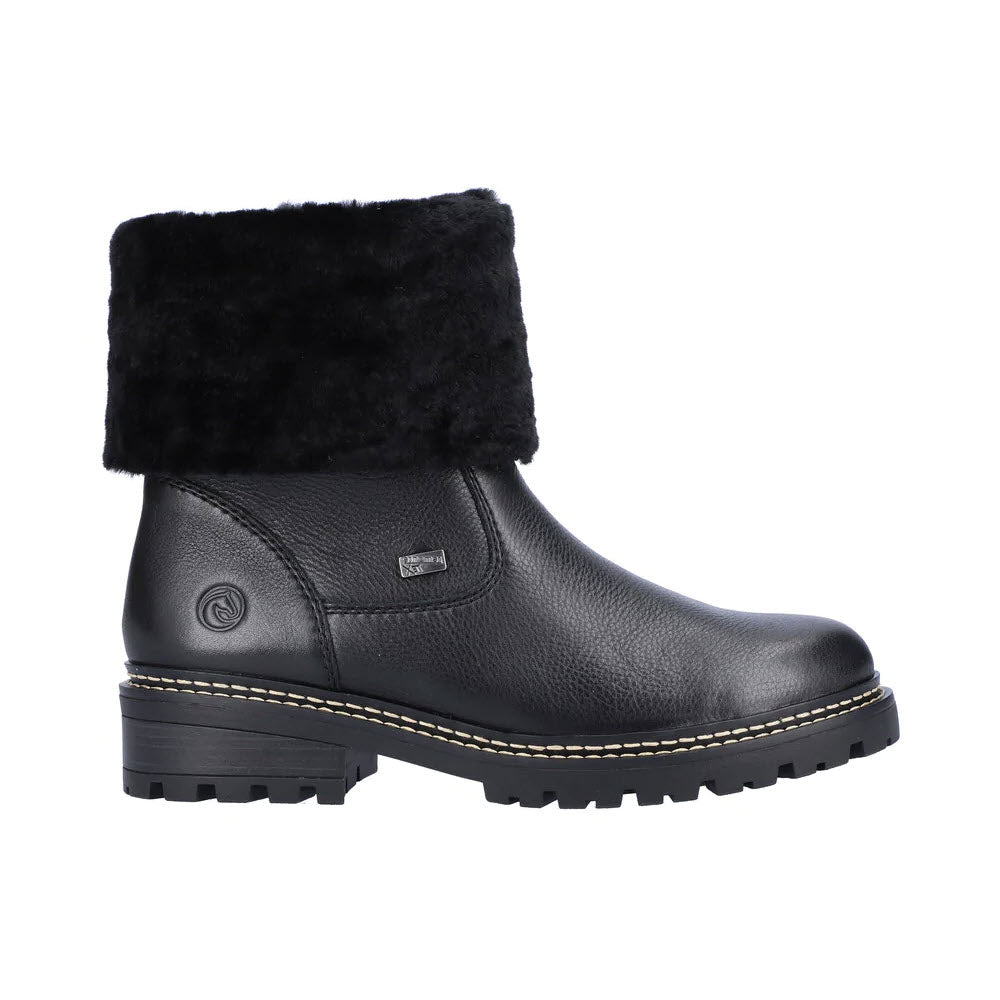 The REMONTE WOOL CUFF FOLD DOWN BOOTIE BLACK - WOMENS by Remonte is a black leather mid-calf boot featuring a black fur cuff, rubber sole, and a branded logo on the side.