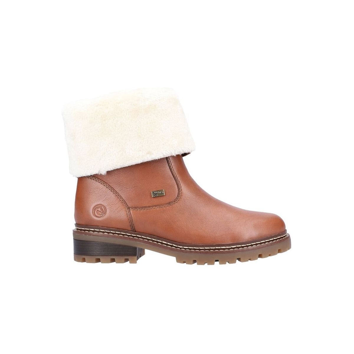 The REMONTE WOOL CUFF FOLD DOWN BOOTIE TAN - WOMENS by Remonte is a tan leather ankle boot featuring a white fur cuff, thick sole, and stitch detailing. Its cozy lambswool lining makes this versatile winter boot perfect for cold weather.