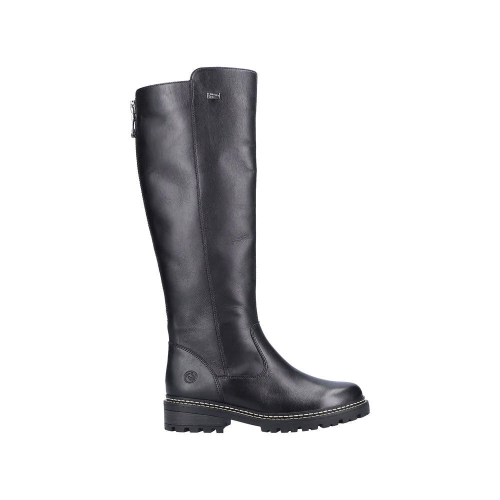 A single Remonte Lug Sole Tall Boot in black leather for women, featuring a round toe, low heel, and side zipper, displayed against a white background.