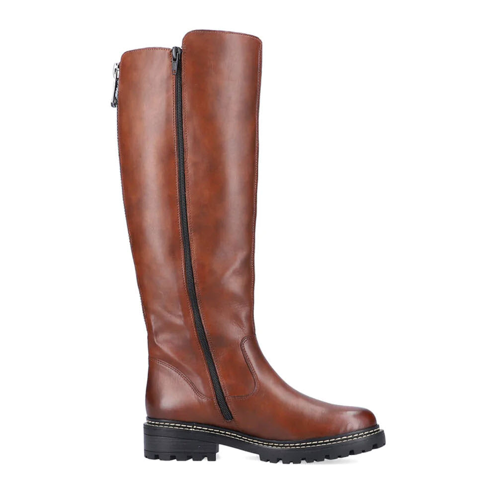 A single REMONTE LUG SOLE TALL BOOT TAN for women by Remonte, featuring a brown color with a black side zipper and sole, a low chunky heel, and velour lining.