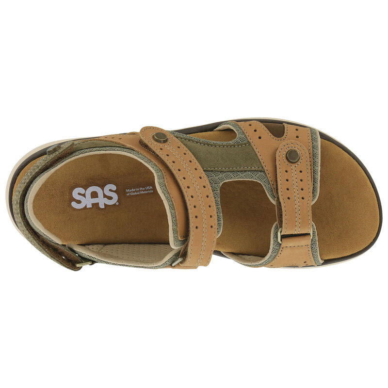 Top view of the SAS EMBARK Sandal Live Oak - Women&#39;s, showcasing a tan and green design with adjustable straps, a cushioned insole, and the SAS logo visible on the shock-absorbing sole.