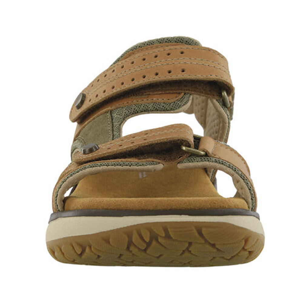 Front view of the SAS EMBARK SANDAL LIVE OAK for women, featuring adjustable straps and a thick, shock-absorbing rubber sole in brown and green by SAS.