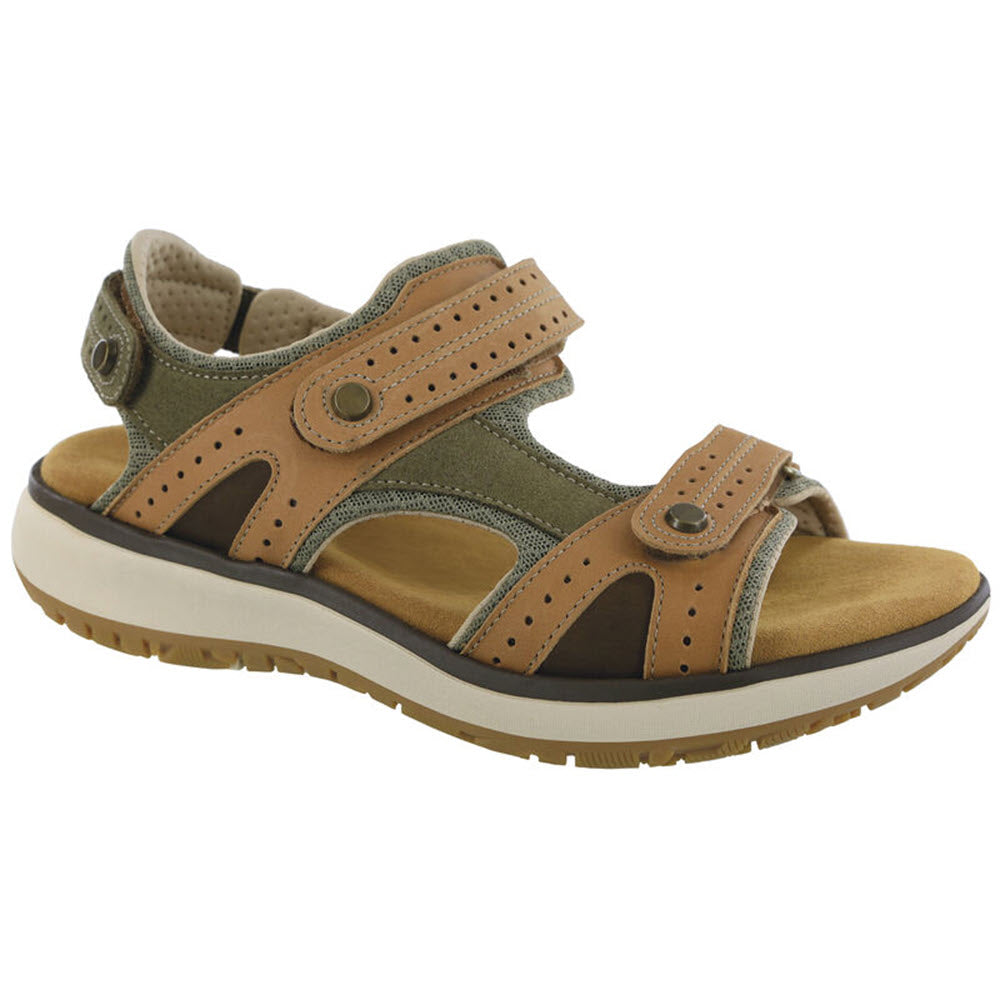 The SAS EMBARK SANDAL LIVE OAK for women is a brown and olive-green outdoorsy sandal featuring adjustable straps, a cushioned insole, and a white shock-absorbing sole.