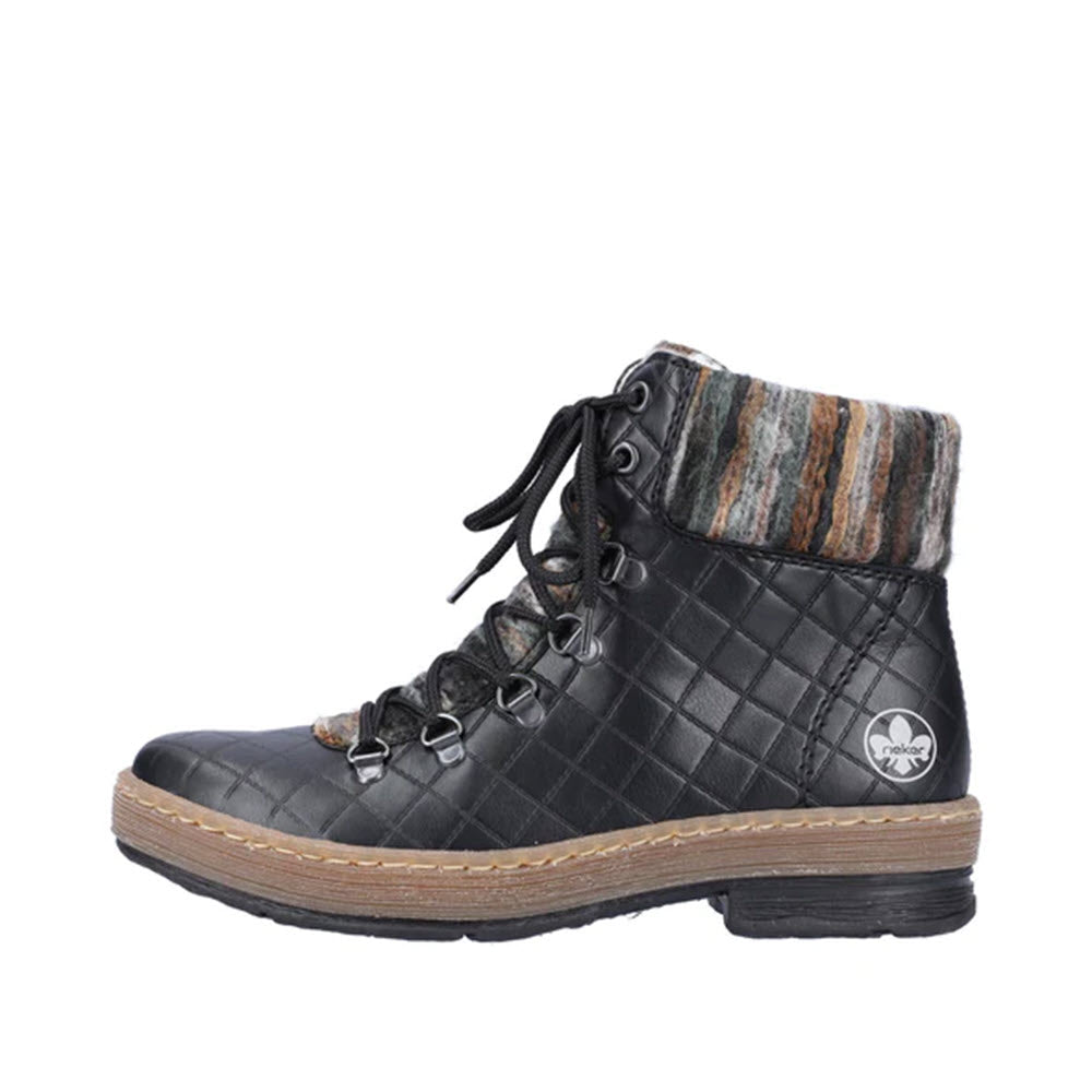 Side view of the Rieker Yarn Cuff Lace Up Bootie Black by Rieker, featuring a black quilted design with a brown-striped wool cuff, lace-up front, and a durable rubber sole.