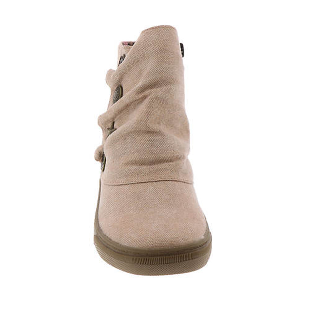 Front view of a single beige ankle boot with a slouchy design, an inside zipper, and decorative button details on the side. The product is BLOWFISH PEACHY ROSEGOLD CANVAS - KIDS by Blowfish.