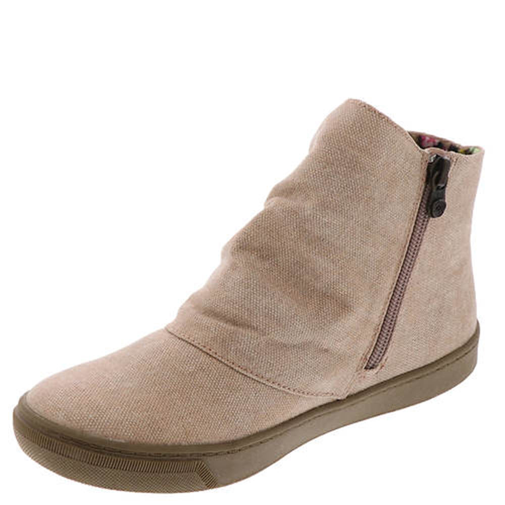 A beige slip-on ankle boot with a side zipper, a green sole, and a textured fabric upper, enhanced with branded buttons and a cushioned footbed for extra comfort, is the BLOWFISH PEACHY ROSEGOLD CANVAS - KIDS by Blowfish.