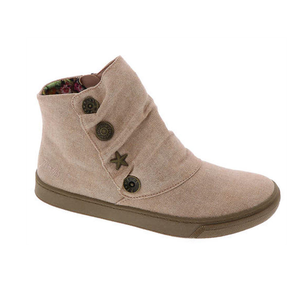 A beige BLOWFISH PEACHY ROSEGOLD CANVAS high-top shoe with branded buttons, a cushioned footbed, and a rubber sole by Blowfish.