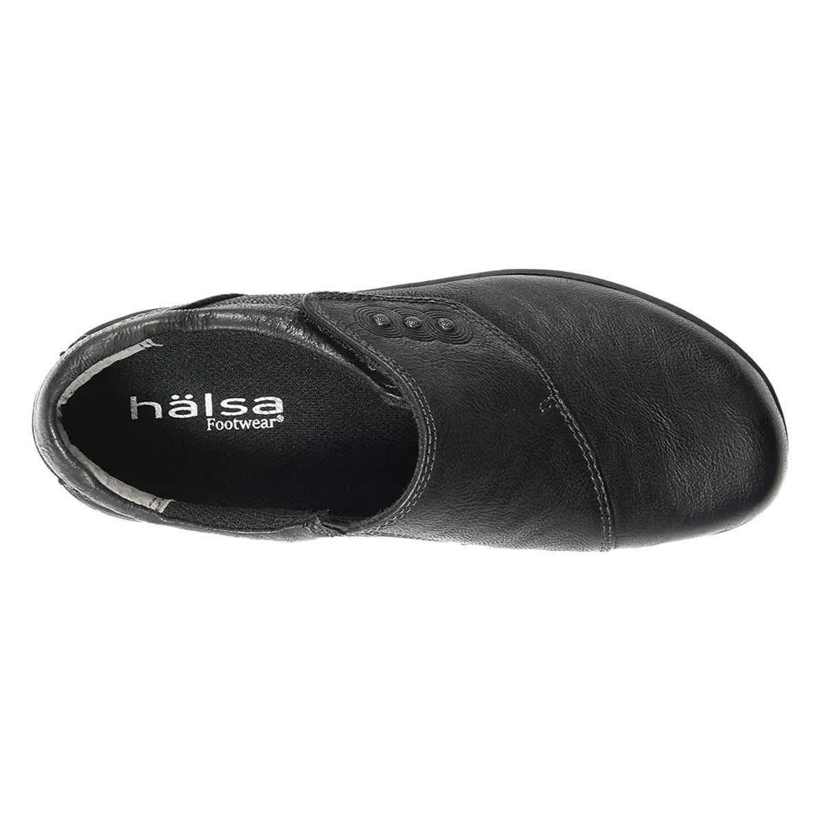 Top view of a HALSA ANNA BLACK LEATHER - WOMENS slip-on shoe by Halsa, featuring smooth leather uppers and an EVA midsole.