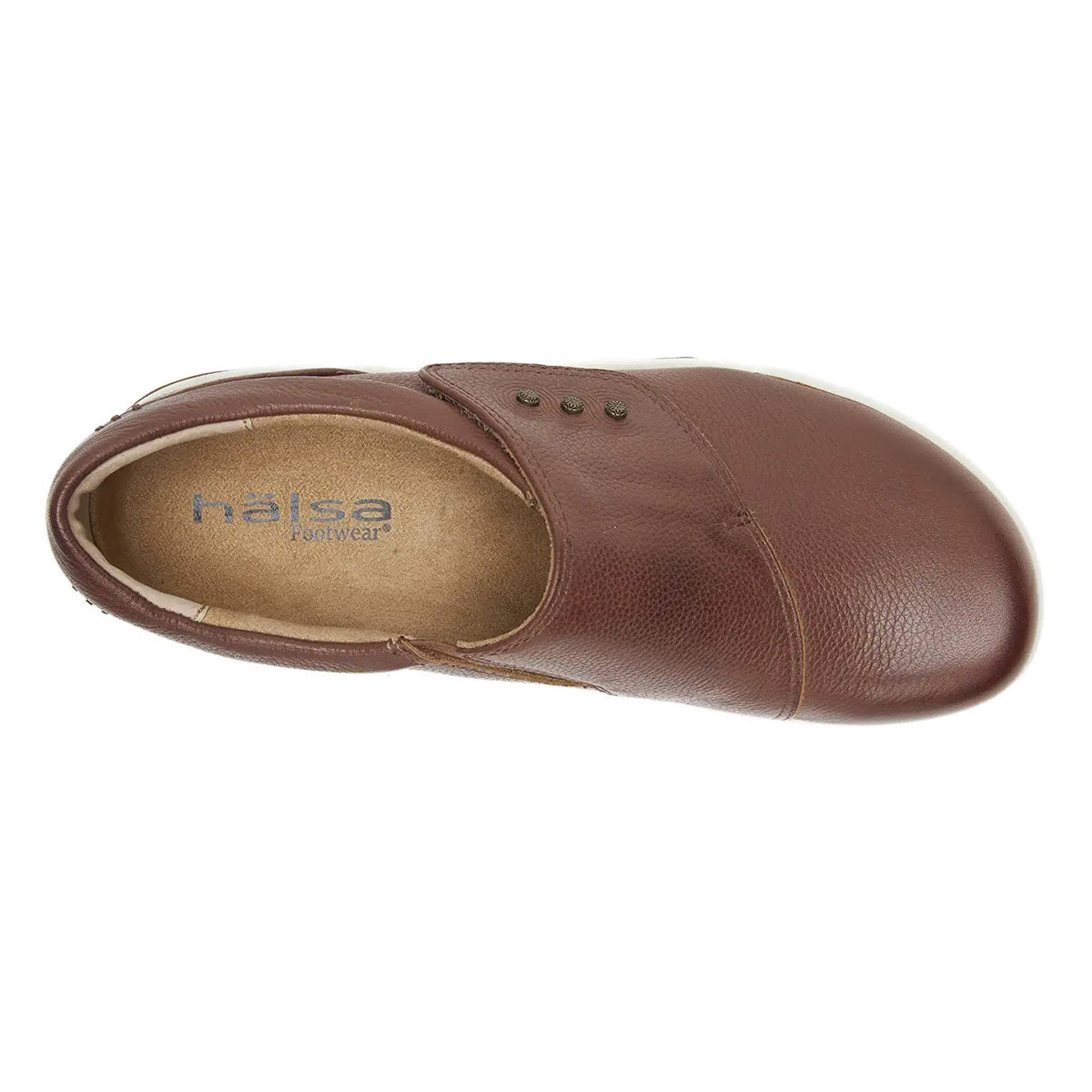 Top view of a single dark brown, slip-on shoe named &quot;HALSA ANNA DARK BROWN LIGHT SOLE - WOMENS&quot; with &quot;Halsa&quot; inscribed on the anatomically correct insole and featuring rich leather uppers.