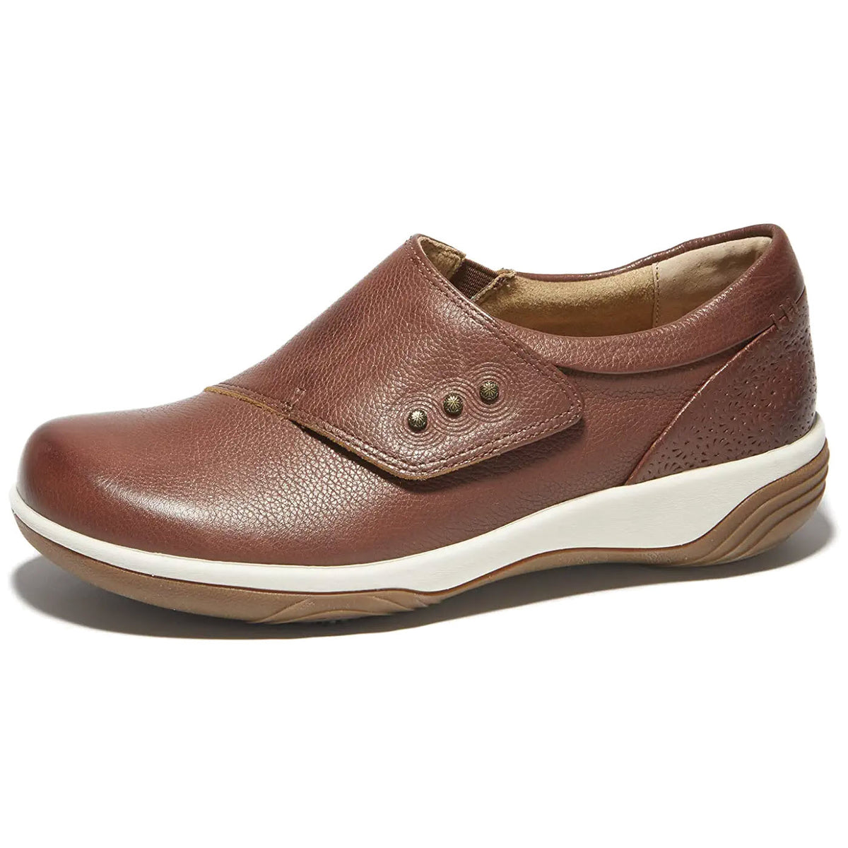 The HALSA ANNA DARK BROWN LIGHT SOLE - WOMENS by Halsa is a dark brown leather slip-on shoe featuring rich leather uppers, decorative perforations, and a white rubber sole.