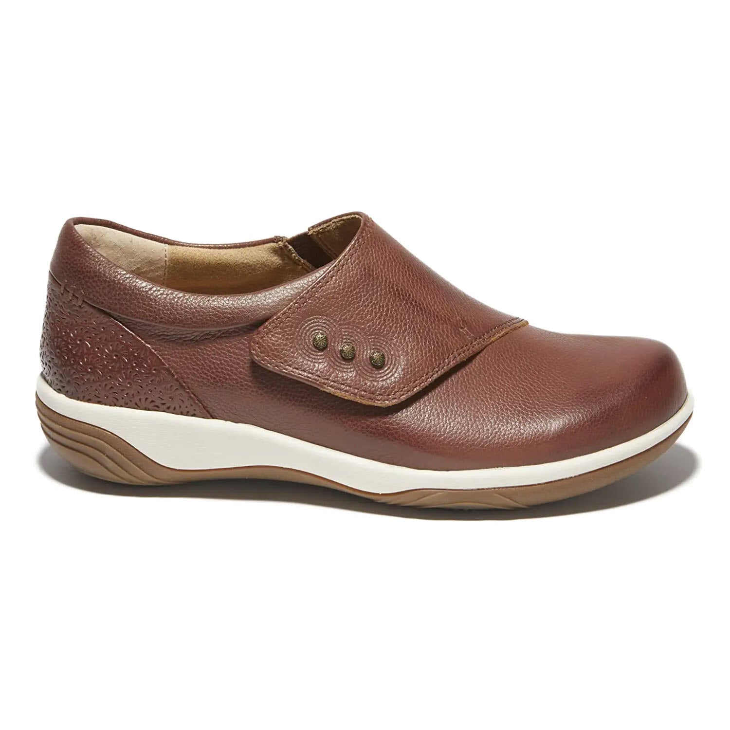 The HALSA ANNA DARK BROWN LIGHT SOLE for women by Halsa is a brown leather slip-on shoe with a white sole, featuring side-button details, an anatomically correct insole, and a textured heel.