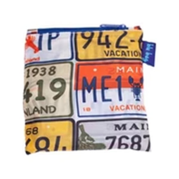 A small, durable pouch with a zipper, featuring a colorful design of various vintage Maine license plates from different states and years. The product is the BLU BAG MAINE LICENSE PLATE by Rockflowerpaper.