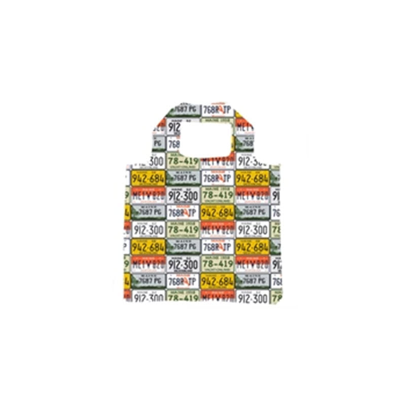 A small handbag with a pattern made of colorful, vintage Maine license plates from Rockflowerpaper called the BLU BAG MAINE LICENSE PLATE.