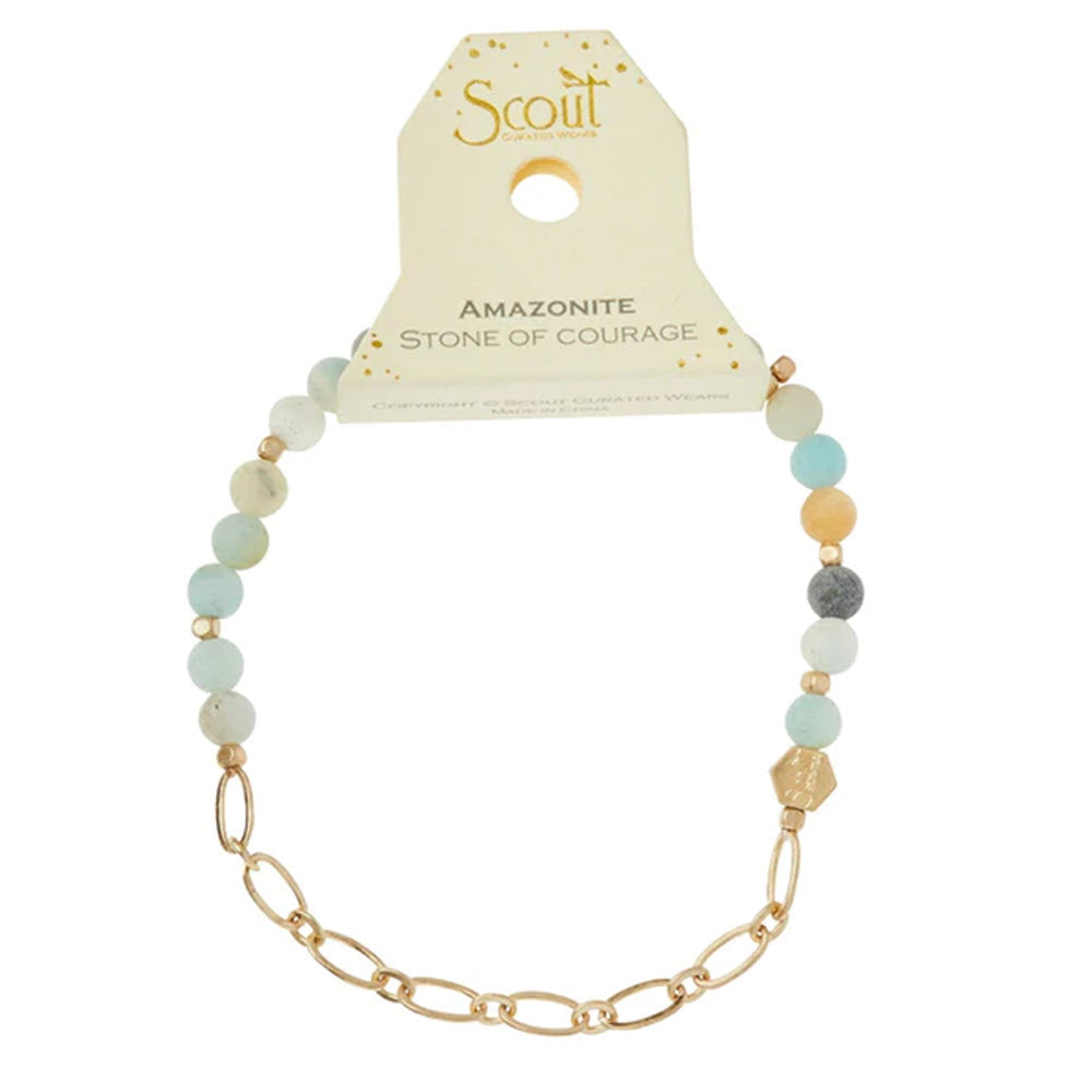 SCOUT STONE WITH CHAIN BRACELET AMAZONITE/GOLD with varied semi-precious gemstones and a modern paperclip chain, attached to packaging labeled &quot;Scout,&quot; featuring an engraved hexagon Scout logo bead.