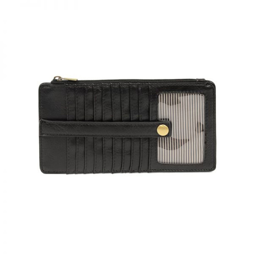 The Joy Susan JOY SUSAN NEW KARA MINI WALLET BLACK features nine card slots, a button strap, a zippered compartment, and a transparent ID window.