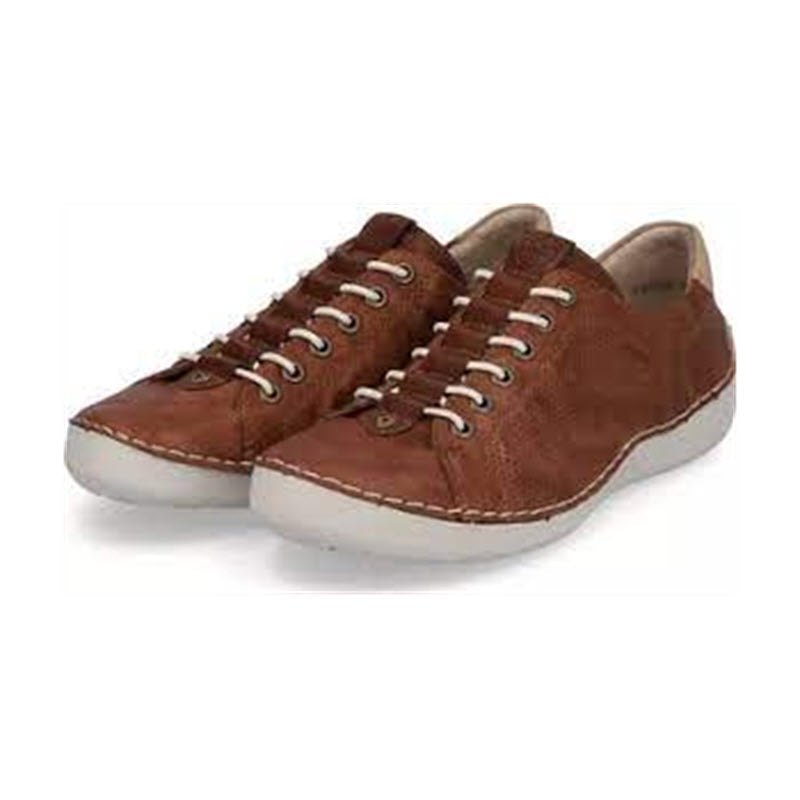 A pair of brown Rieker RIEKER EURO BUNGEE WALKER CUOIO - WOMENS with a smooth leather upper and white soles, featuring breathable inlets for maximum comfort.