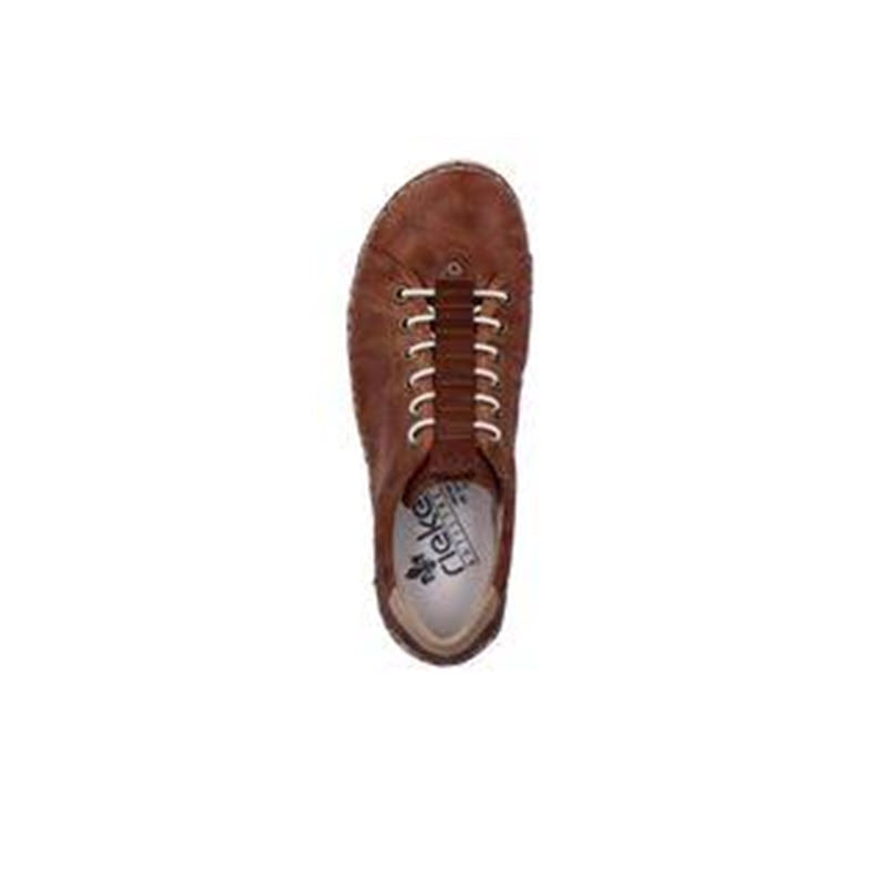 A single RIEKER EURO BUNGEE WALKER CUOIO - WOMENS in brown smooth leather upper with white laces and visible stitching. The interior insole displays the brand logo &quot;Rieker,&quot; while breathable inlets ensure comfort. View is from the top.