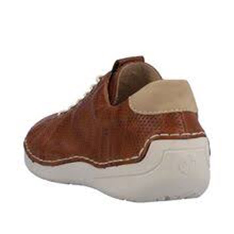 A RIEKER EURO BUNGEE WALKER CUOIO - WOMENS in brown smooth leather upper, with white stitching and a beige heel counter, featuring a white sole.