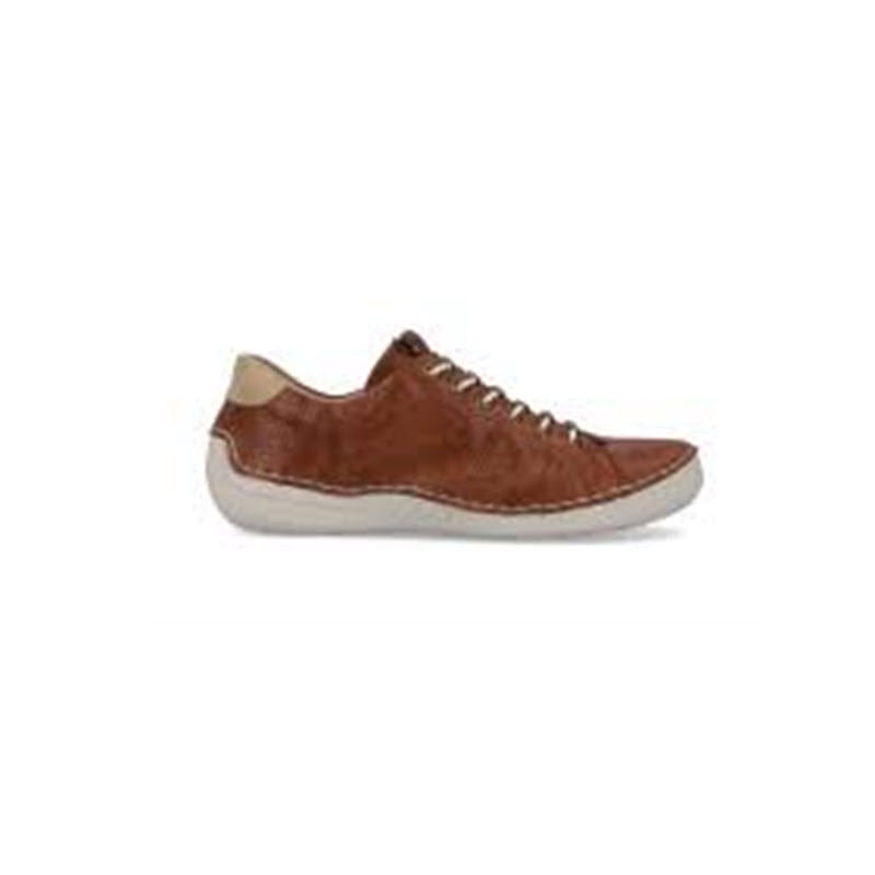 Rieker RIEKER EURO BUNGEE WALKER CUOIO - WOMENS crafted in smooth brown leather with a contrasting white sole, viewed from the side against a white background. The design features breathable inlets for added comfort.