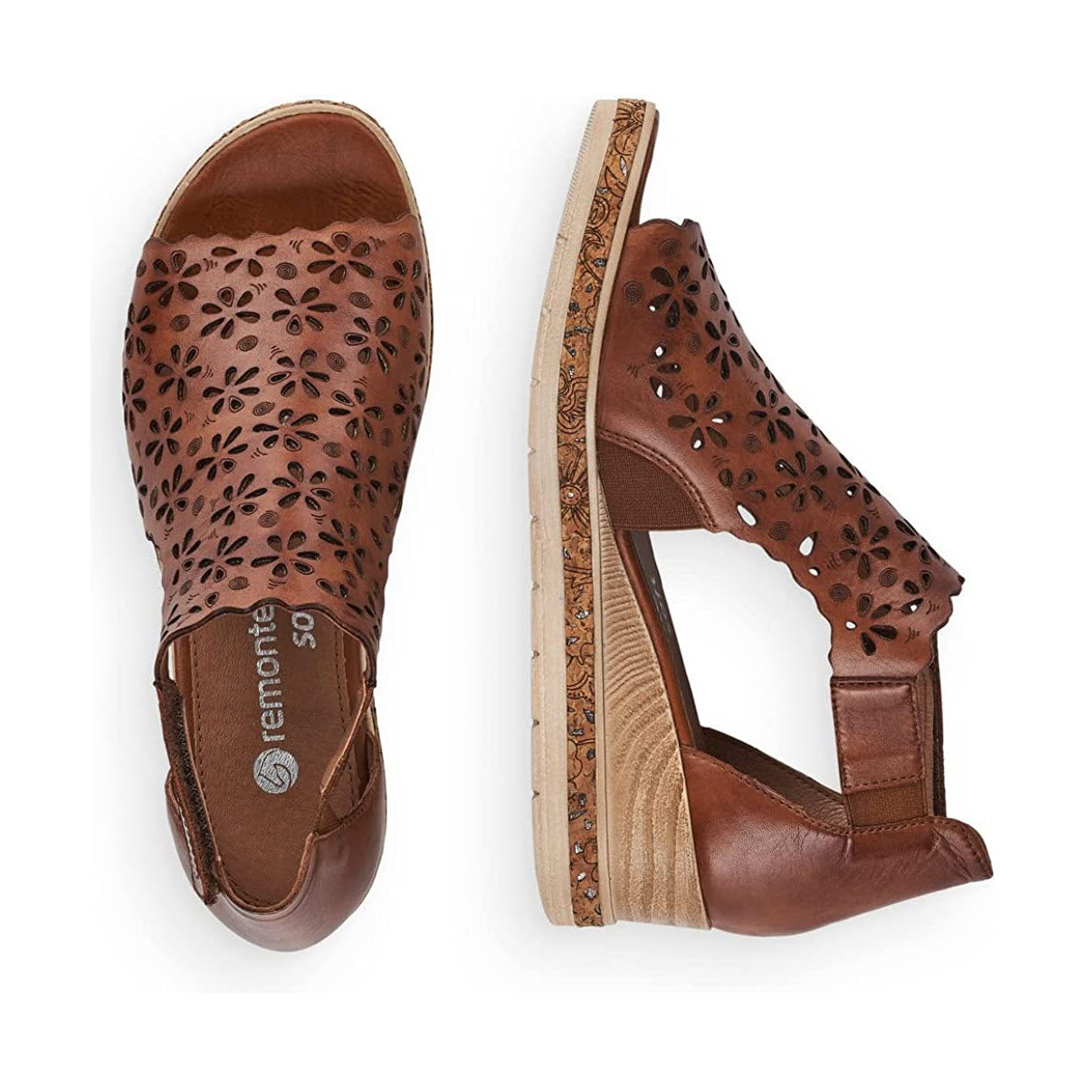 Introducing the REMONTE FLORAL PERFED WEDGE TAN - WOMENS by Remonte: A stylish pair of brown gladiator-style wedge sandals with intricate leather floral cut-outs and open toes, showcased from both the top view and side view.