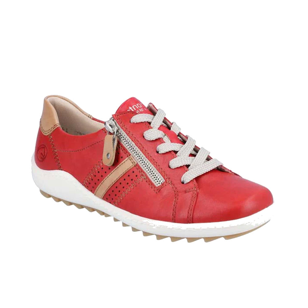 A stylish red REMONTE EURO CITY WALKER FLAME - WOMENS by Remonte with beige accents, grey laces, a comfortable side zipper detail, and a white background.