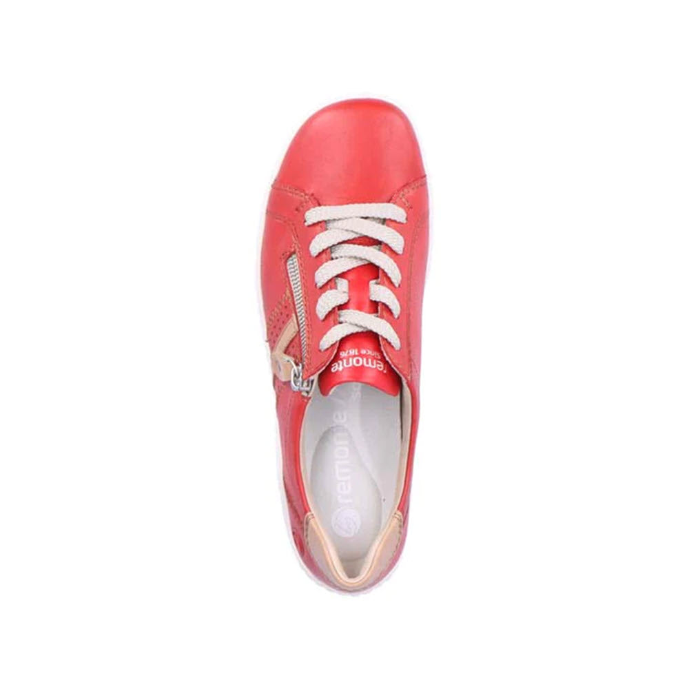 Red lace-up sneaker with a side zipper, viewed from above, featuring a white sole and brand logo visible inside. This stylish and sporty REMONTE EURO CITY WALKER FLAME - WOMENS from Remonte is also a lightweight sneaker perfect for all-day wear.
