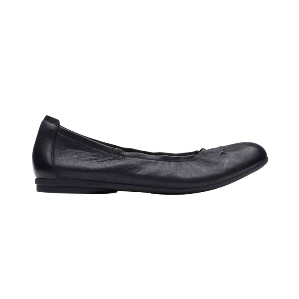 A single black ballet flat shoe from the Clarks Rena Hop collection, known as CLARKS RENA HOP BLACK - WOMENS, is displayed against a plain white background. This minimalist design features a comfortable leather upper and effortlessly combines style and comfort, representing the renowned quality of Clarks.