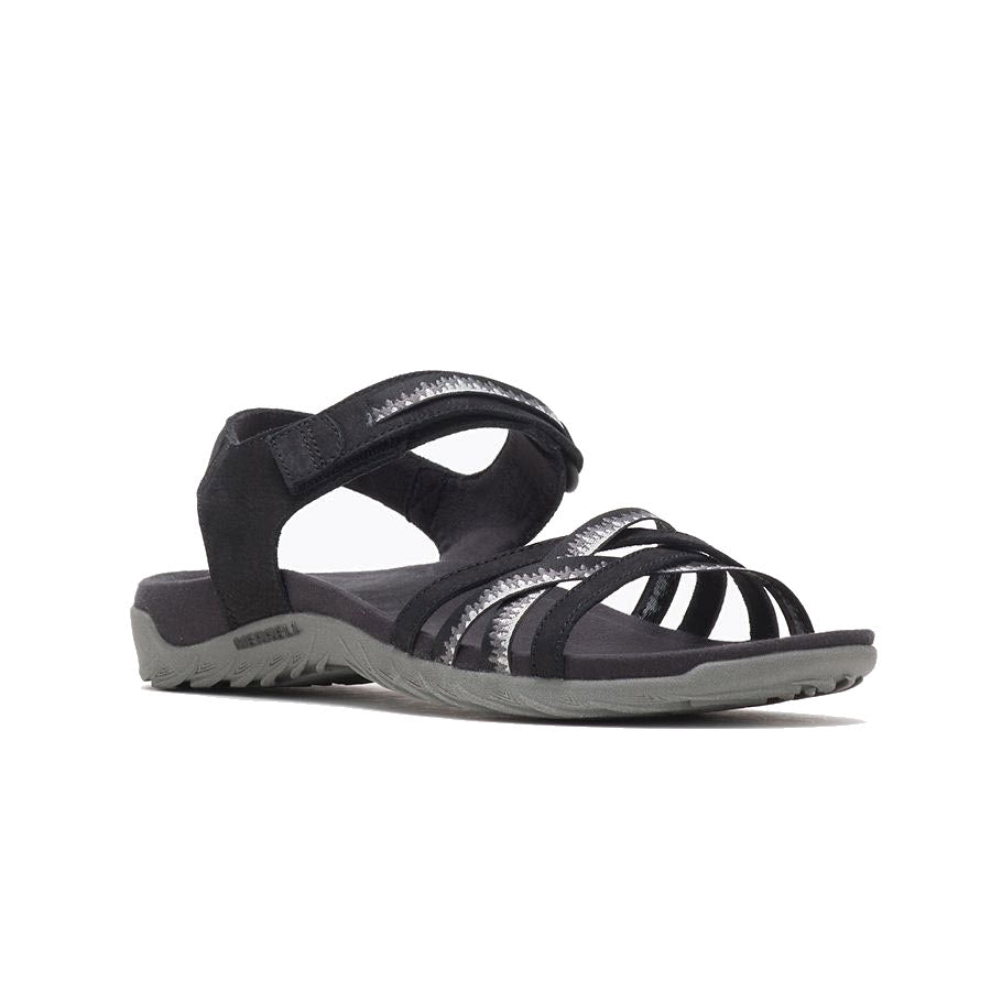 The MERRELL TERRAN 3 CUSH LATTICE BLACK - WOMENS sandal by Merrell features multiple black straps, a Velcro ankle strap, and a textured gray sole. It offers all-day comfort with its COMFORTBASE™ ACTIVE contoured insole, ensuring both style and support for your feet.