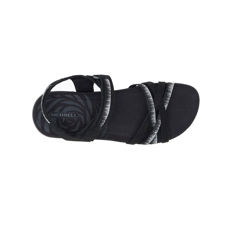 The Merrell Terran 3 Cush Lattice Black Women&#39;s sandal boasts multiple straps, including two with stripes, and is designed with a geometric pattern on the COMFORTBASE™ ACTIVE contoured insole for all-day comfort.