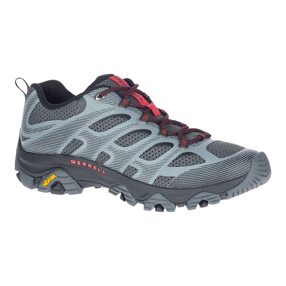 A gray and black MERRELL MOAB 3 EDGE GRANITE - MENS from Merrell with red accents, offering out-of-the-box comfort and a rugged sole designed for outdoor activities.