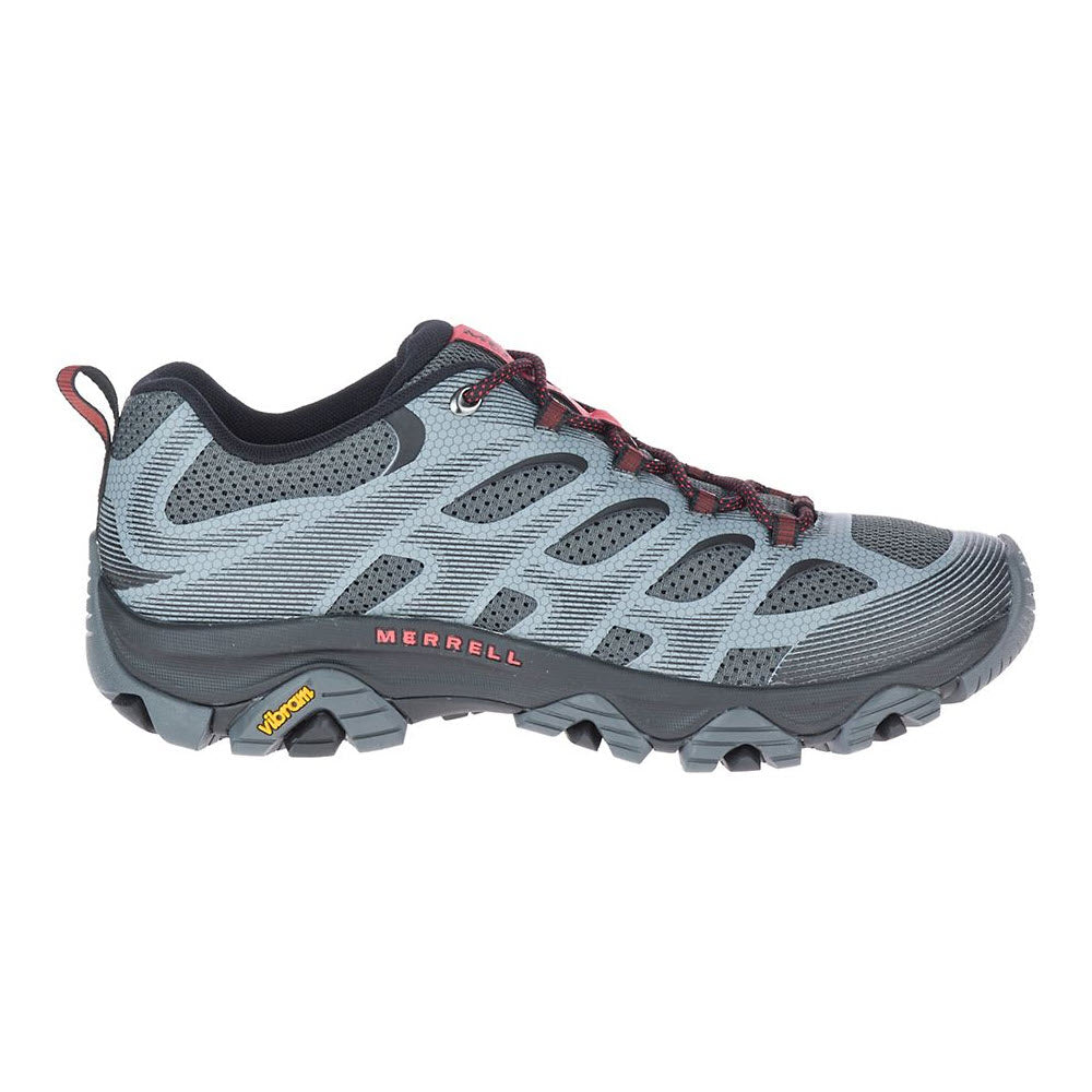 Gray and black Merrell Moab 3 Edge Granite - Mens with black and red laces, featuring a rubber sole and the signature &quot;Merrell&quot; branding on the side, offering out-of-the-box comfort for any adventure.