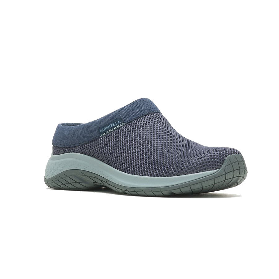 Introducing the MERRELL ENCORE BREEZE 5 NAVY - WOMENS by Merrell, a navy slip-on mesh shoe with a thick, light gray sole that features textured tread and cushioned soles.