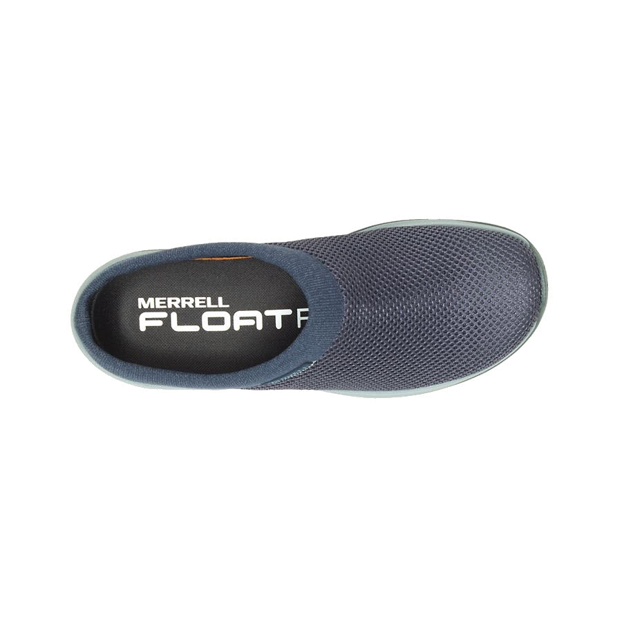 Top view of a single navy slip-on shoe from Merrell, with &quot;Merrell Floatpro&quot; visible on the insole. The MERRELL ENCORE BREEZE 5 NAVY - WOMENS incorporates FloatPro Foam for comfort, featuring a textured mesh upper and cushioned soles for added support with a minimal design.