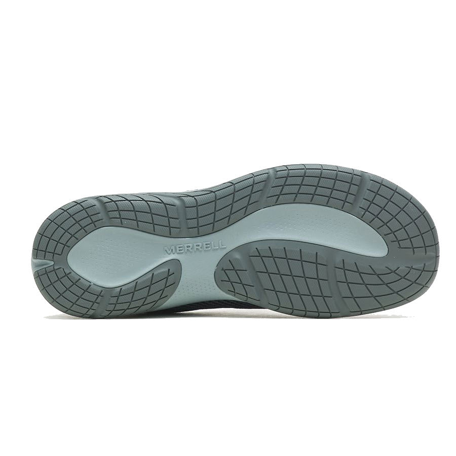 View of the bottom of a MERRELL ENCORE BREEZE 5 Navy shoe, displaying a rubber sole with a grid-like tread pattern and the brand name &quot;Merrell&quot; embossed in the center. The cushioned soles feature FloatPro Foam for enhanced comfort and durability.