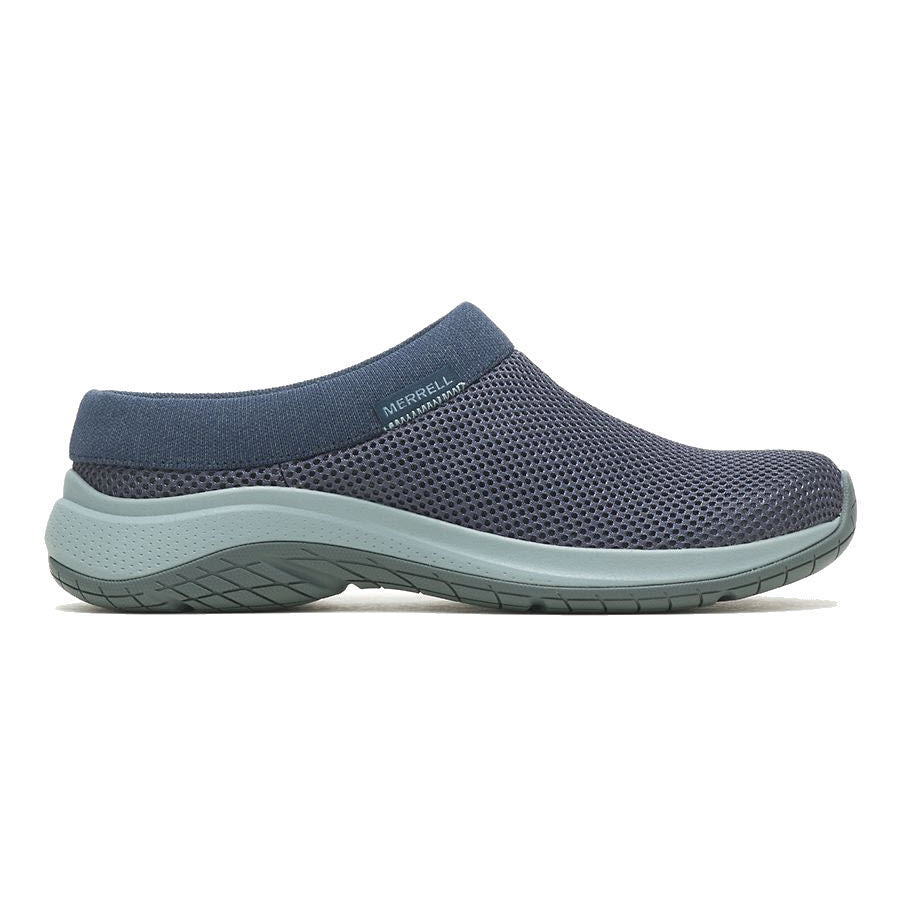 The MERRELL ENCORE BREEZE 5 NAVY - WOMENS by Merrell is a blue mesh slip-on shoe with a light grey rubber sole, viewed from the side, featuring cushioned soles for added comfort.