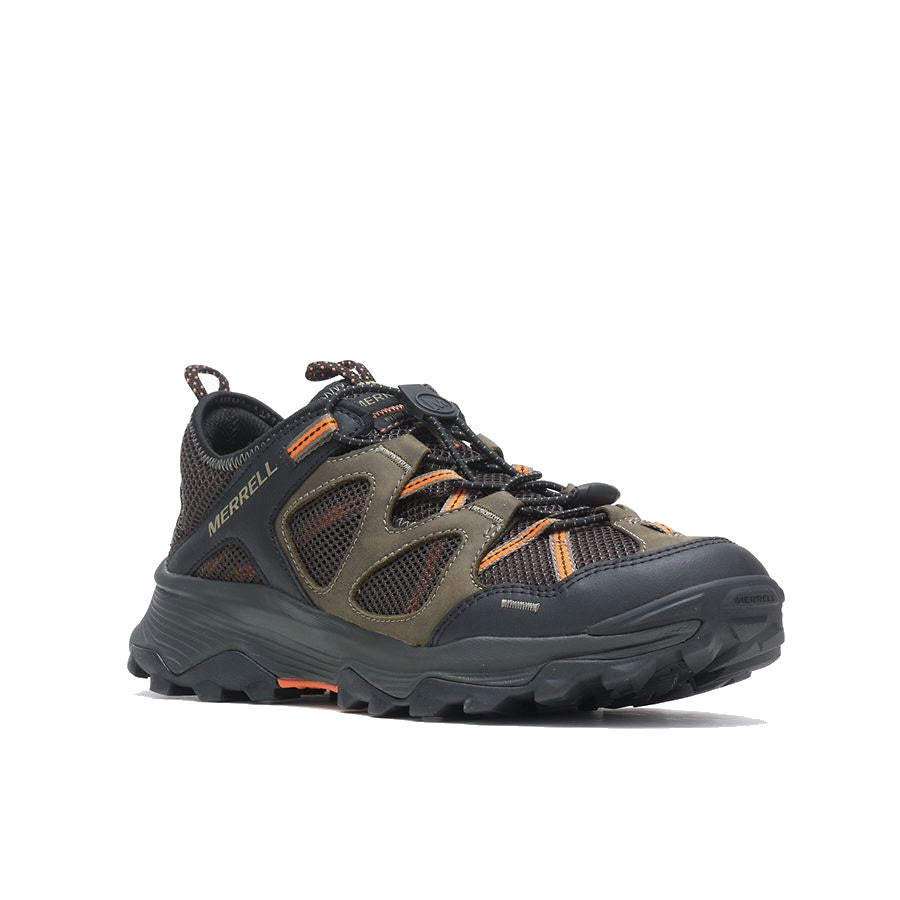 A single Merrell MERRELL SPEED STRIKE LEATHER SIEVE OLIVE - MENS hiking shoe with brown and black mesh design, durable leather uppers, orange accents, and a rugged rubber sole.
