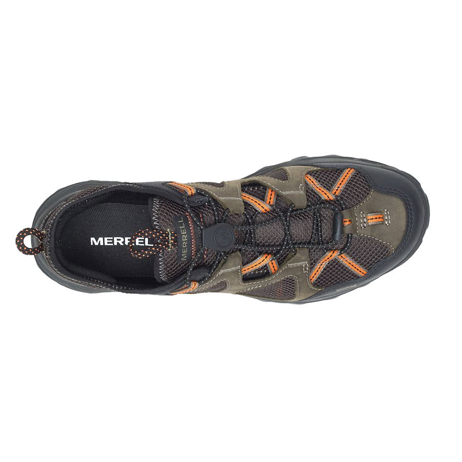 Top view of a Merrell MERRELL SPEED STRIKE LEATHER SIEVE OLIVE - MENS, featuring black, dark green, and orange accents with a rugged design, durable leather uppers, and lace-up closure.
